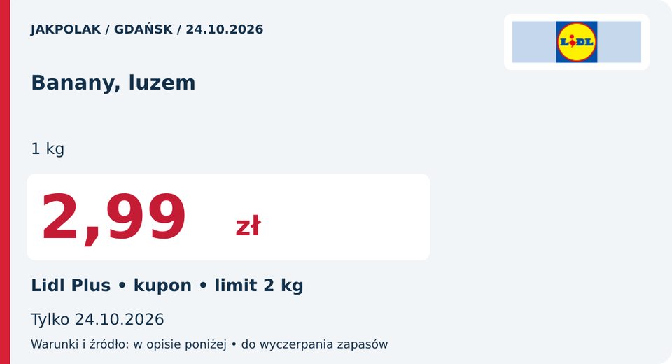 Lidl — Banany, luzem, 2,99 zł; Obowiązuje 2026-10-24