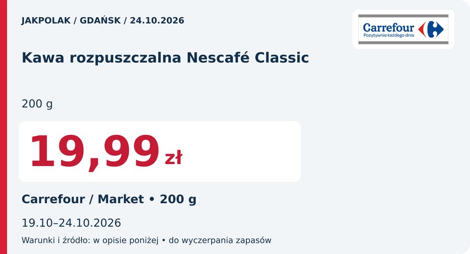 Carrefour — Kawa rozpuszczalna Nescafé Classic, 19,99 zł; Obowiązuje 2026-10-24