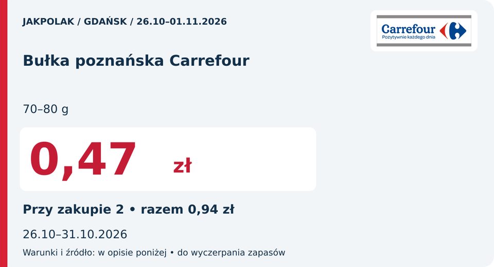 Carrefour — Bułka poznańska Carrefour, 0,47 zł; Действует 2026-10-31