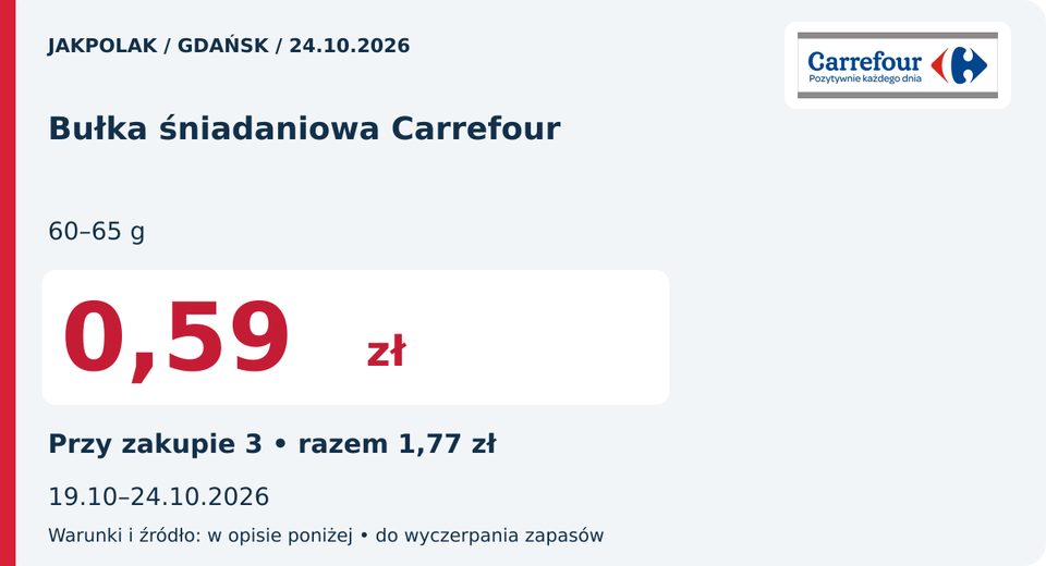 Carrefour — Bułka śniadaniowa Carrefour, 0,59 zł; Obowiązuje 2026-10-24