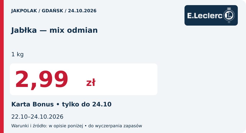 E.Leclerc — Jabłka — mix odmian, 2,99 zł; Obowiązuje 2026-10-24