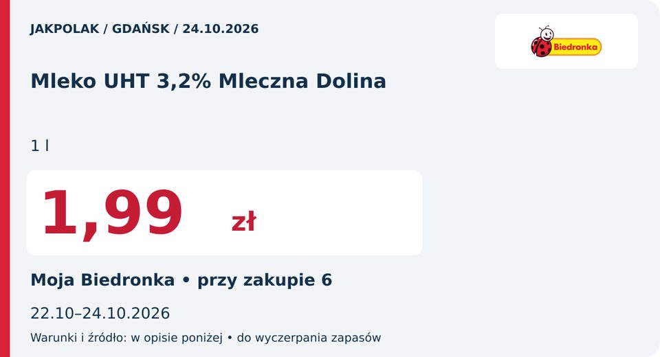 Biedronka — Mleko UHT 3,2% Mleczna Dolina, 1,99 zł; Obowiązuje 2026-10-24