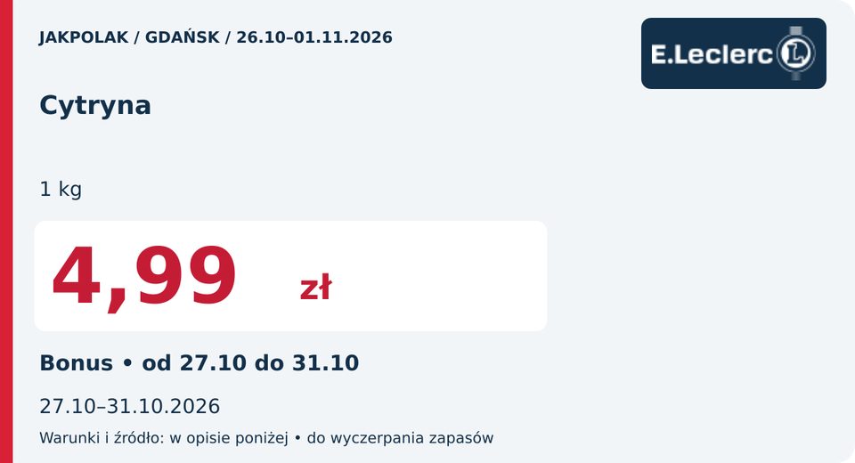 E.Leclerc — Cytryna, 4,99 zł; Действует 2026-10-31